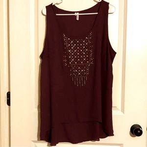 Studio Y Sleeveless Sheer Top Maroon With Bronze & Silver Embellishment Size XXL